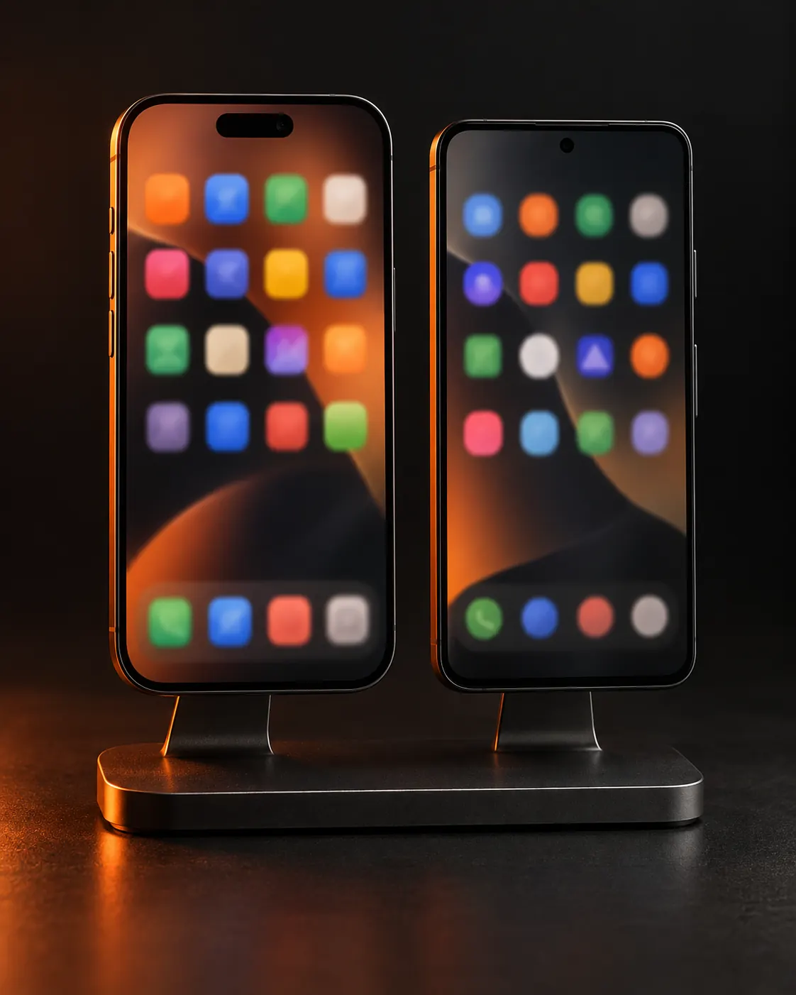 An iPhone and a Google Pixel standing side by side on an aluminium stand