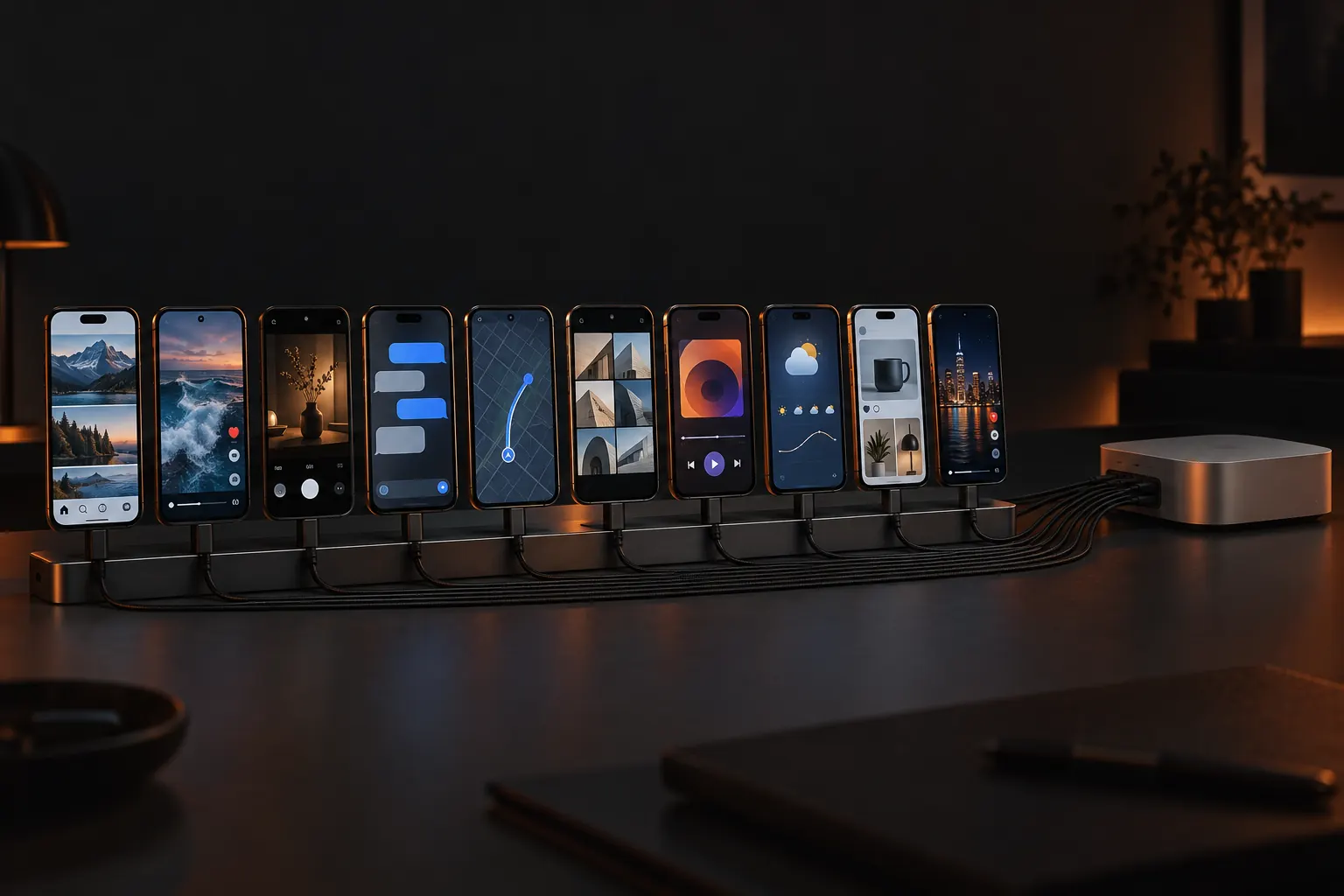 Ten iPhones and Pixel phones standing in an aluminium dock on a dark desk, each cabled to a Mac mini